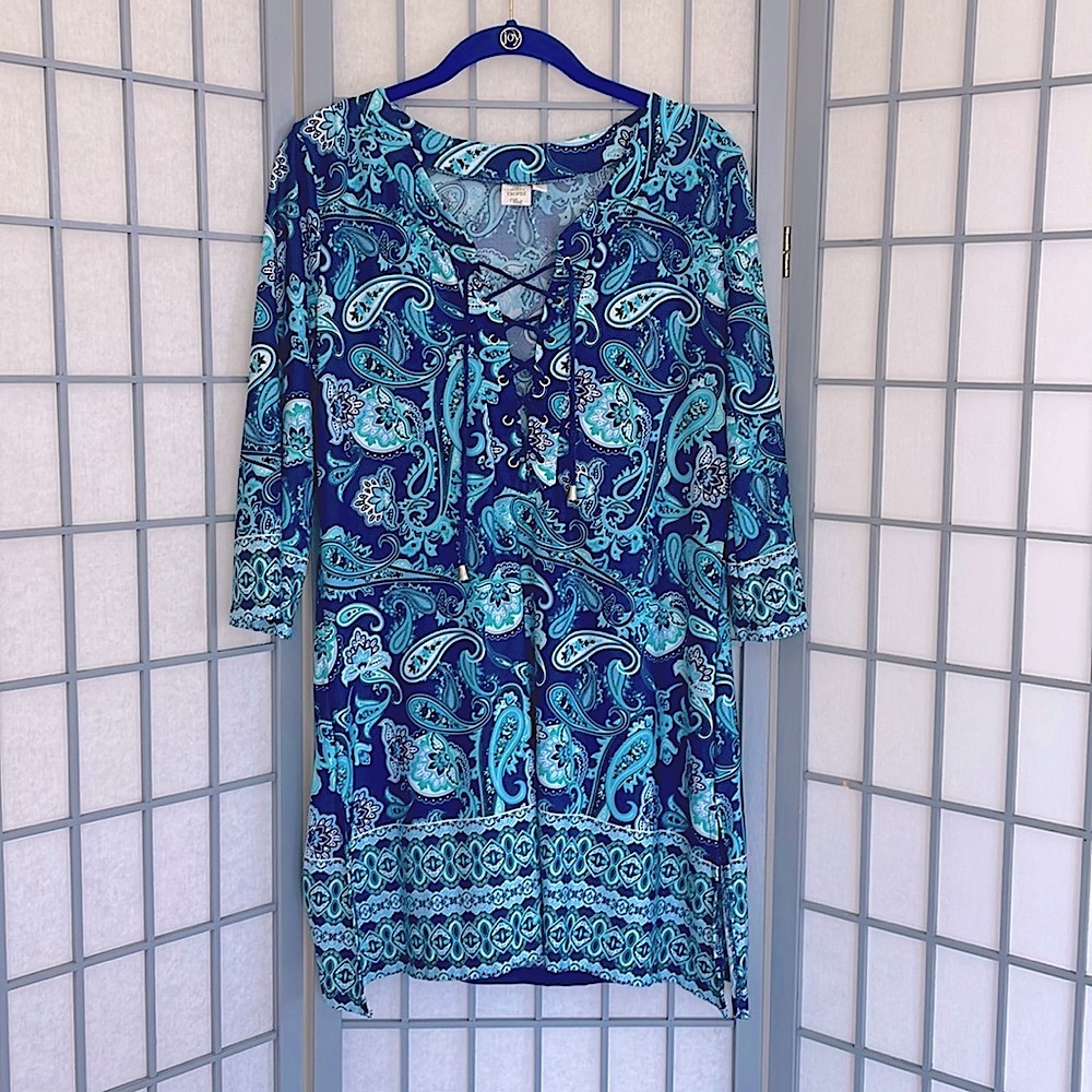 Blue paisley 3/4 sleeve lace up sun dress\cover up size XS